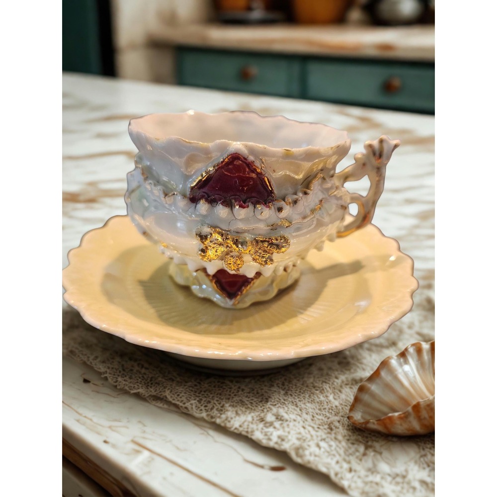 Vintage Japanese Moriage Lusterware Teacup Saucer Ruby Red Gold Gilt 1950s